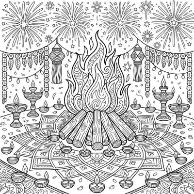 Immerse yourself in the vibrant spirit of Diwali with this magnificent coloring page. Featuring a central bonfire surrounded by radiant diyas and dazzling fireworks, it's perfect for a festive coloring experience.