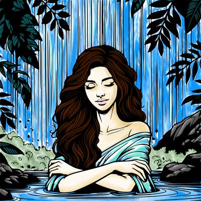 realistic female model under waterfall