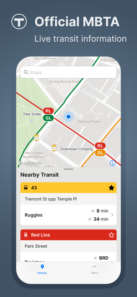 MBTA Go — Official - Interface de l'application MBTA Go montrant une carte de transport et les heures d'arrivée en direct pour les transports en commun de Boston