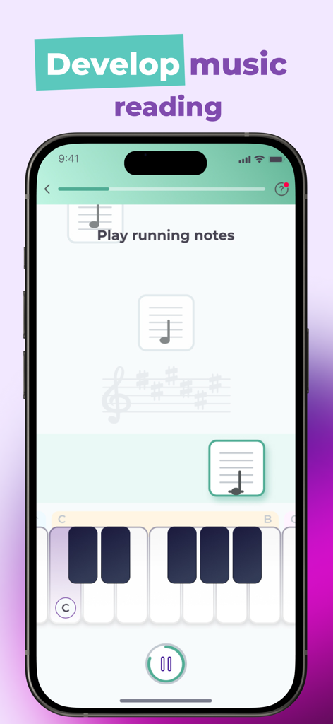 Talented: Music Learning App - Pantalla móvil mostrando una lección de lectura musical en la app Talented con un teclado de piano virtual y notación en pentagrama.