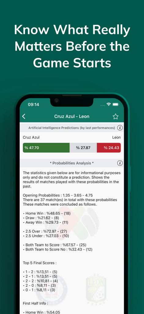 BetAnalysis & Prediction - AI搭載のサッカー試合予測と確率統計を示すスマートフォンの画面。