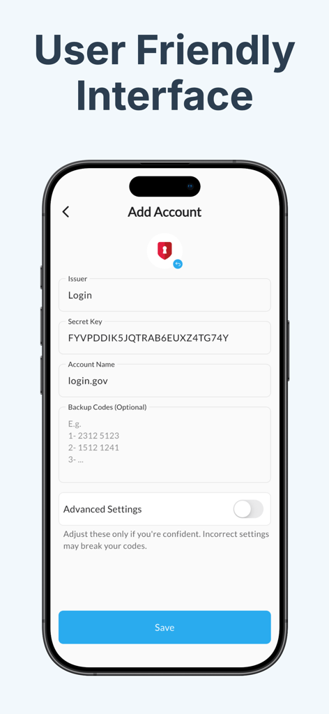 Authenticator - OTP Manager - Screenshot of the Add Account screen in the Authenticator OTP Manager app showing form fields for manual setup
