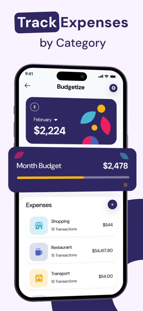 Smart Budget Planner app interface showing monthly budget progress and expense tracking by categories like shopping and restaurant.
