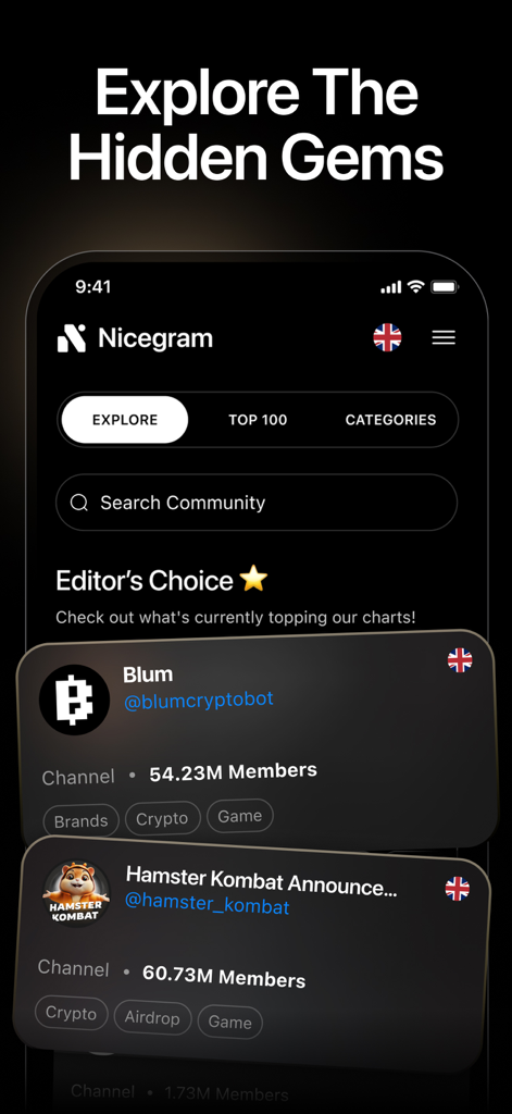 Nicegramアプリのインターフェース。人気のTelegramコミュニティやクリプトチャンネルを発見するためのExploreタブが表示されています。