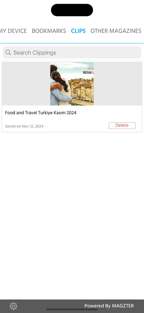 Food and Travel Turkiye - Interfaz de la aplicación Food and Travel Turkiye mostrando la pestaña Clips con un artículo de revista guardado de noviembre de 2024.