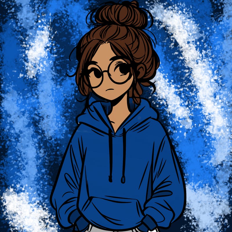 teen girl with a messy bun and glasses wearing a loose hoodie and jeans