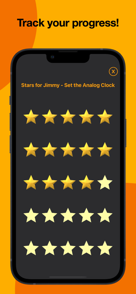 Kids Tell Time! - Progress tracking screen in Kids Tell Time app showing gold reward stars earned for setting the analog clock