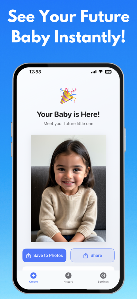 AI Baby Generator: Baby Gen AI - Pantalla de resultado de predicción de rostro de bebé generado por IA