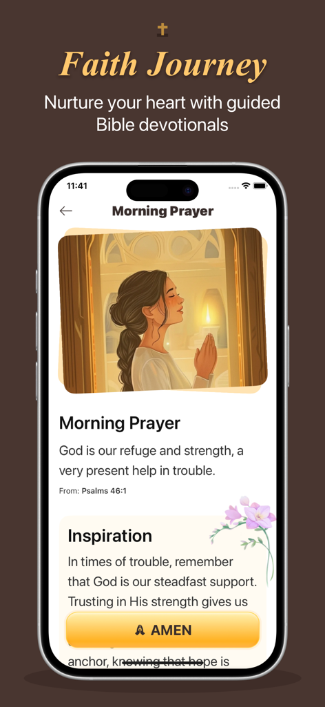 Uno screenshot dell'app Bibbia per Donne con una sezione di preghiera mattutina, un'illustrazione di una donna che prega, un versetto biblico dai Salmi e un messaggio di ispirazione quotidiano.