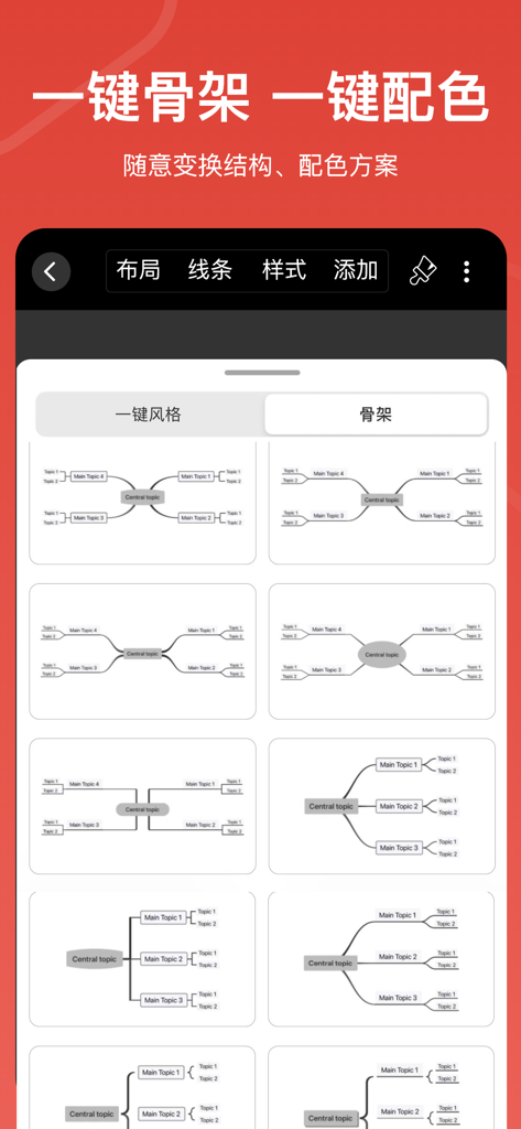 Auswahl von Mindmap-Struktur- und Layoutvorlagen in der SuperMind-App