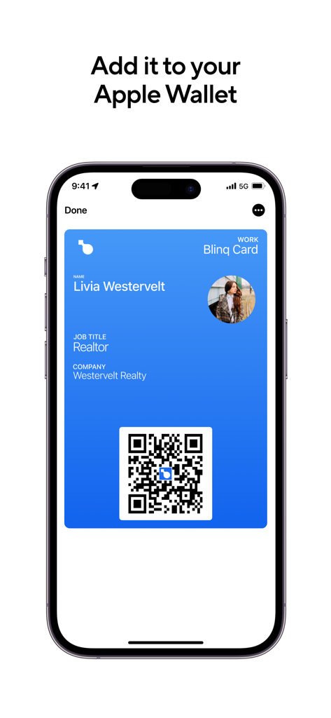 Blinq digital business card displayed in the Apple Wallet on an iPhone