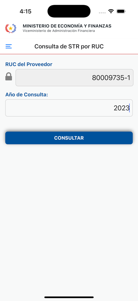 MEF Consultas - Pantalla de la aplicación MEF Consultas para buscar solicitudes de transferencia por número de identificación fiscal RUC del proveedor y año de consulta