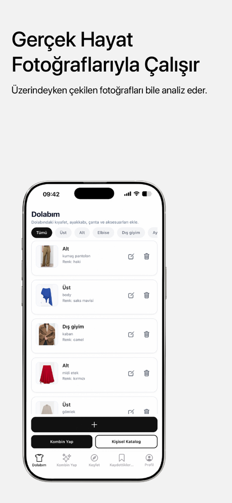 Sylora: AI Outfit Planner - Interface of the Sylora AI Outfit Planner showing a digital wardrobe list with categorized clothing items and their descriptions.