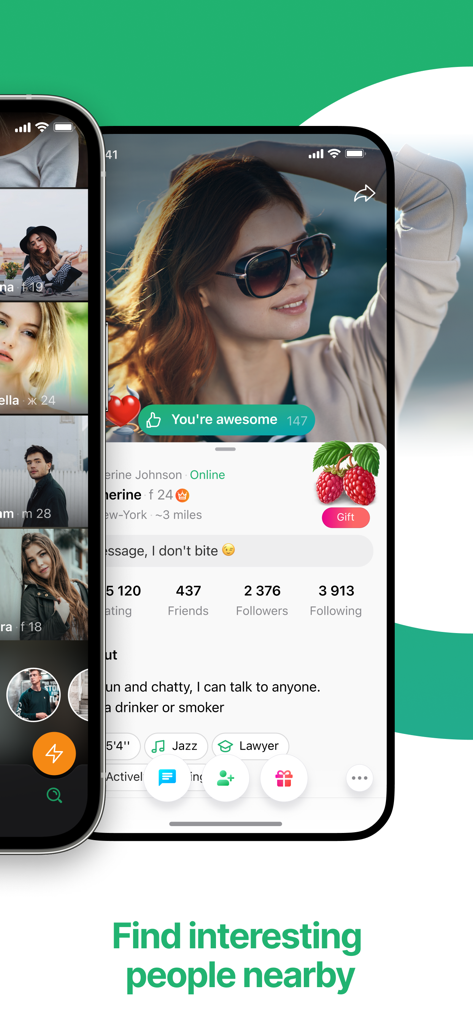 Frim: meet new people - A user profile interface on the Frim social networking app for finding interesting people nearby