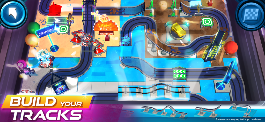 A colorful top-down view of a custom race track being built in Race Craft with loops and jumps