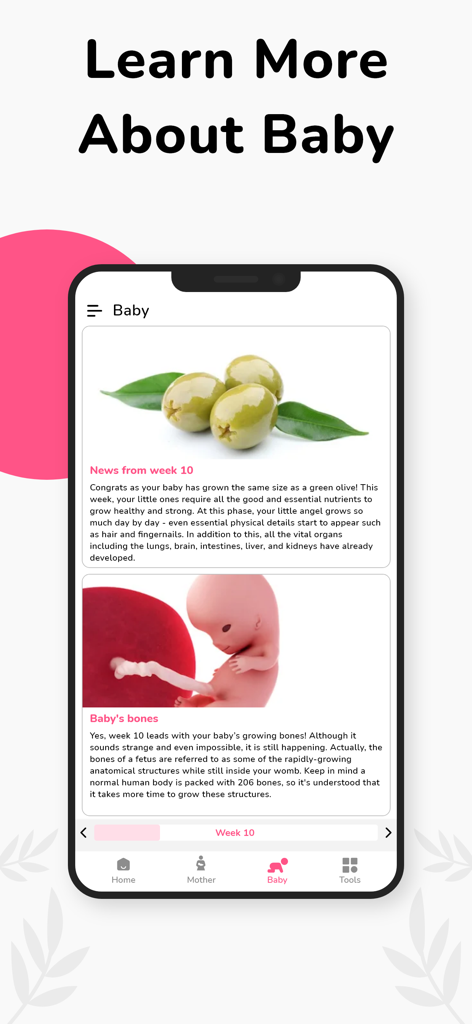 Pregnancy tracker app screen displaying baby development details and size comparison at week 10