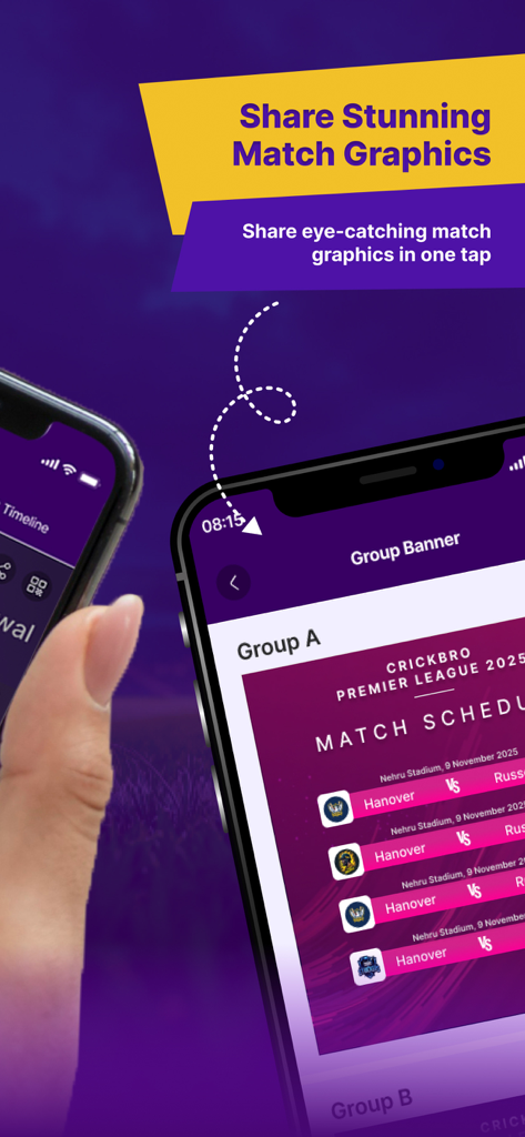 CrickBro - Cricket Scoring App - A mobile screen showing the CrickBro app feature for sharing cricket match graphics and schedules
