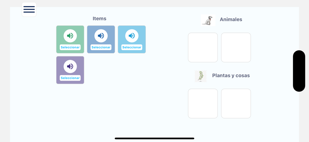 Nimbus GED - Educational sorting game in Spanish with categories for animals plants and objects