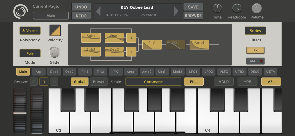 SynthMaster One - User interface of the SynthMaster One mobile synthesizer showing signal flow and a piano keyboard.