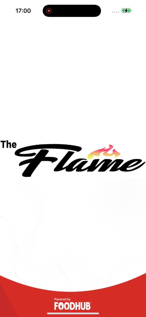 The Flame - The Flame food ordering app splash screen featuring the restaurant logo and Foodhub branding