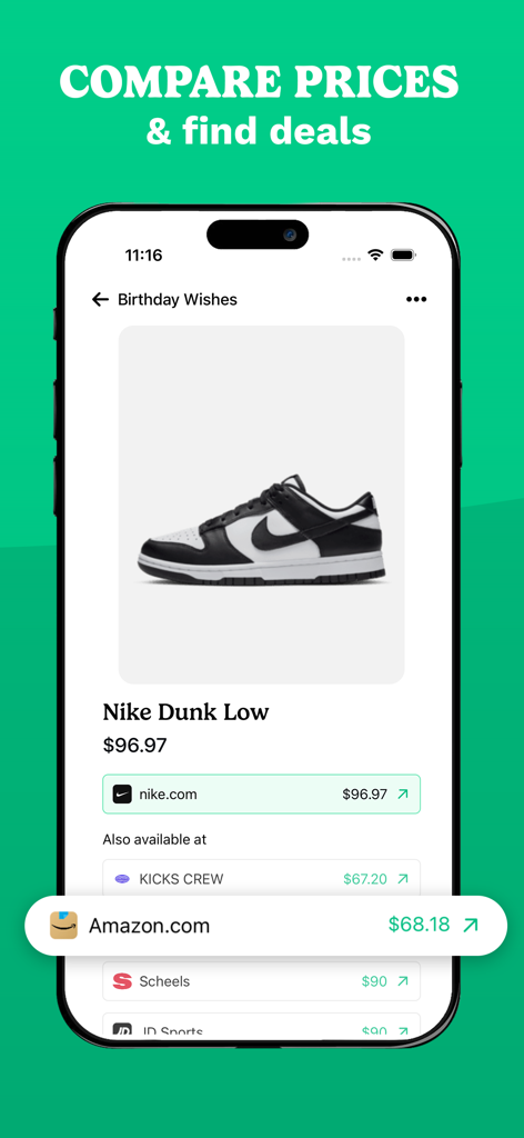 Giftful - Wishlist & Registry - Écran de l'application Giftful montrant des comparaisons de prix et des offres pour une paire de baskets sur plusieurs magasins en ligne