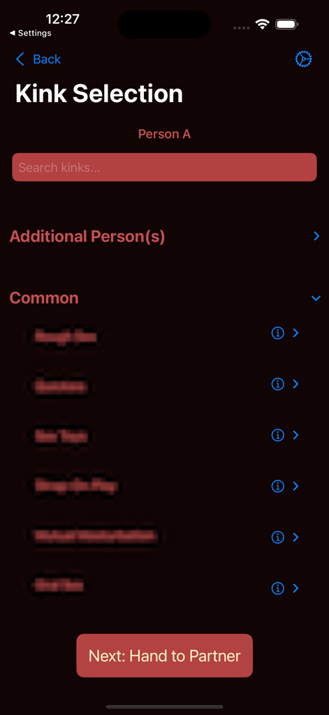 KinkMatch - Kink selection screen for the first user in the KinkMatch app