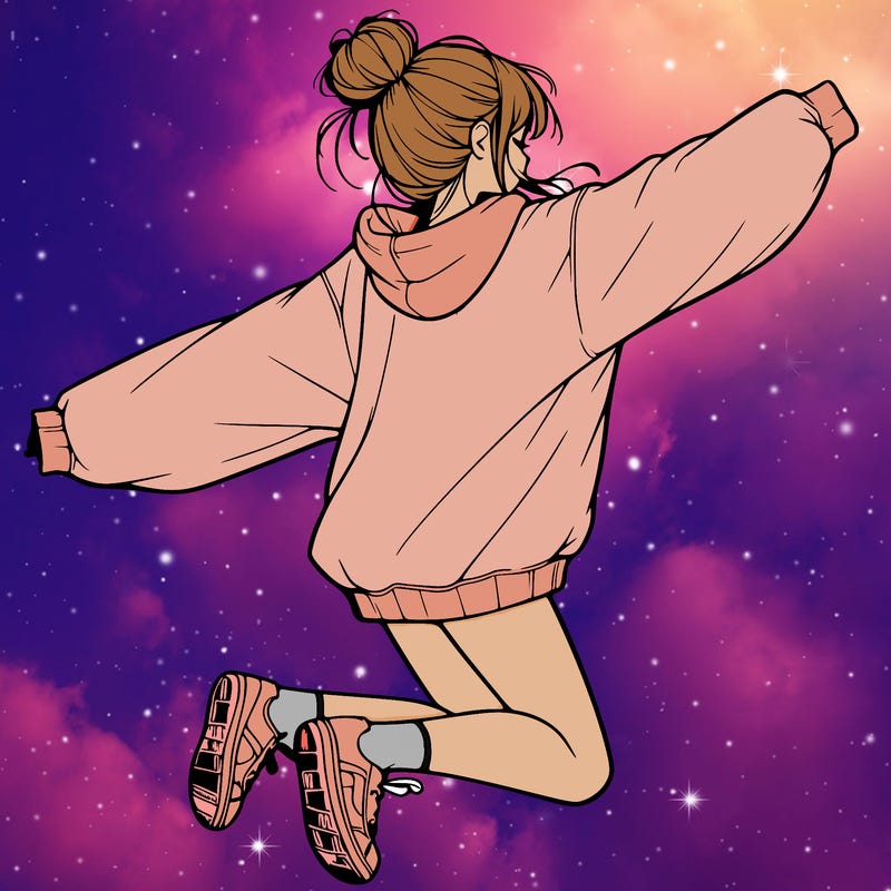 realistic girl jumping with a bun and oversized sweatshirt