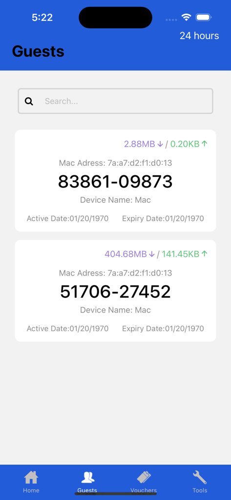 Hotspot Manager - Interfaccia dell'app Hotspot Manager che visualizza un elenco di dispositivi ospiti connessi con indirizzi MAC e statistiche di utilizzo dei dati