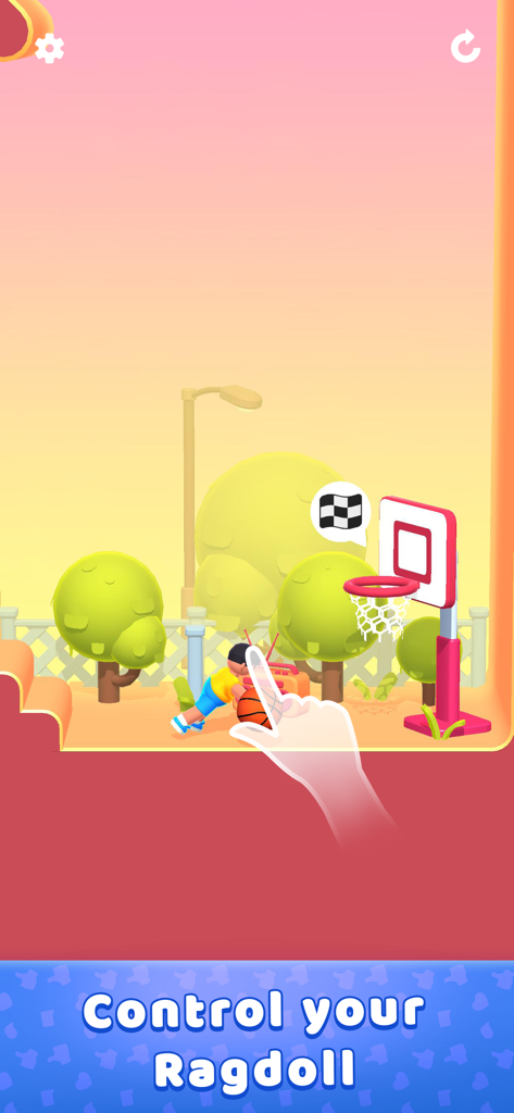 Lazy Jump 3D - Una captura de pantalla de Lazy Jump 3D que muestra un personaje de muñeco de trapo y una canasta de baloncesto con un icono de mano que ilustra los controles táctiles
