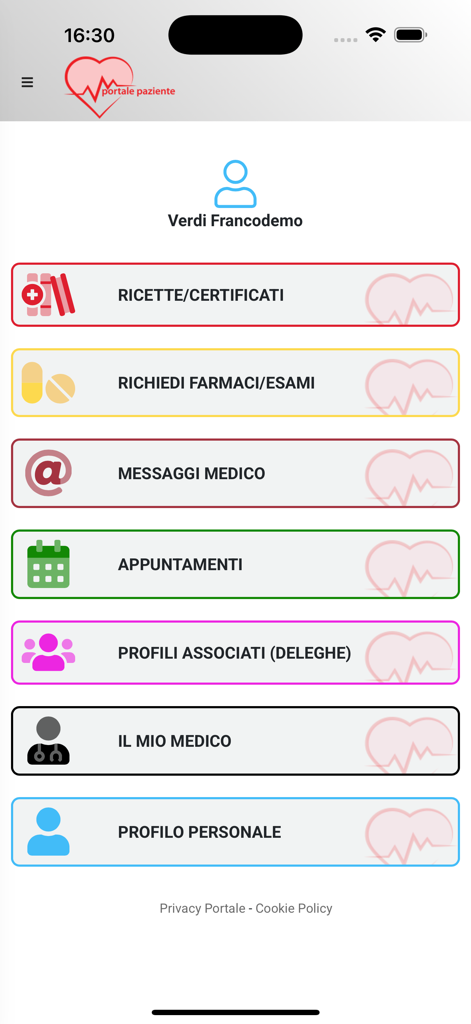 Portale paziente - Atlasmedica - Panel de la aplicación móvil Atlasmedica patient portal que muestra opciones del menú de gestión de atención médica.