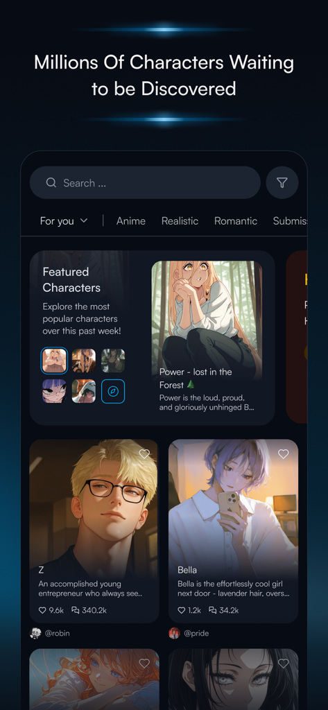 Dewy: Chat with AI Characters - Interface of Dewy app showing a gallery of AI characters with different personalities and styles available for chat