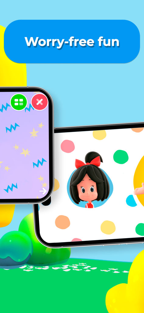 Cuquin Playtime with Cleo 2+ - Cuquin Playtime with Cleo app interface displaying a character and the slogan worry free fun