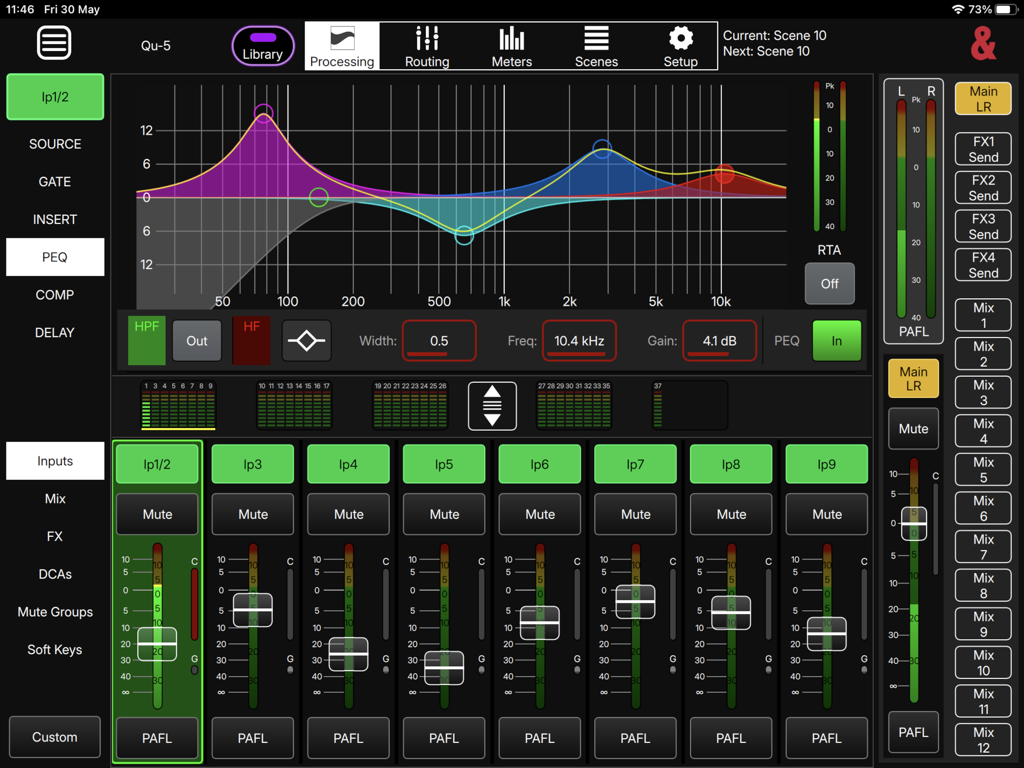 Qu MixPad - Qu MixPad professional audio mixing interface showing parametric EQ curves and input channel faders