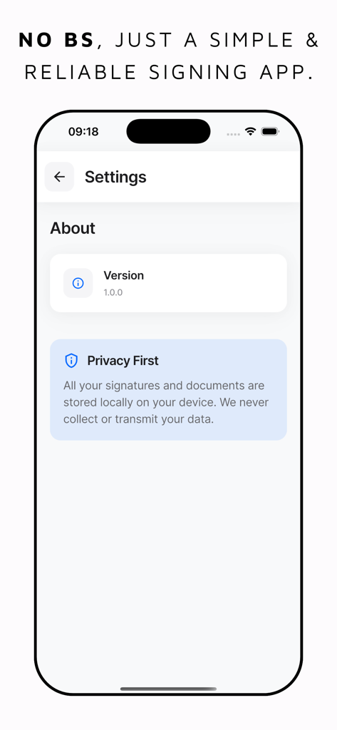 プライバシーとローカルストレージを強調するe Sign PDF署名アプリの設定画面