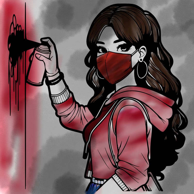 realistic girl with mask spray painting a wall