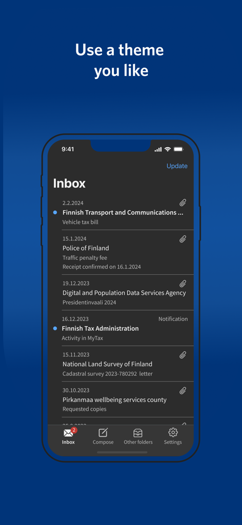 Inbox screen of the Suomi.fi app showing official government messages in dark mode