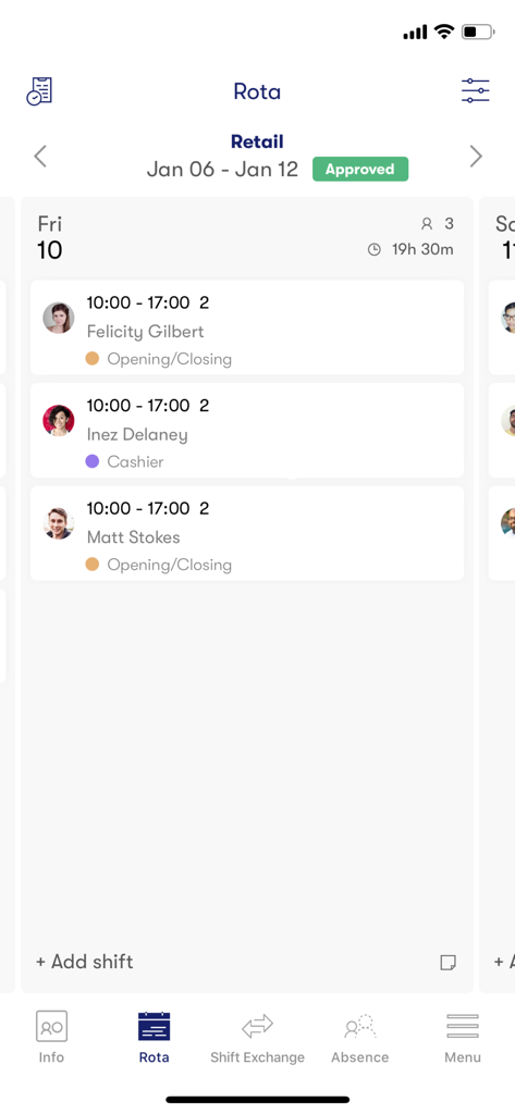 Tamigo app interface displaying a retail shift rota with employee names and scheduled hours