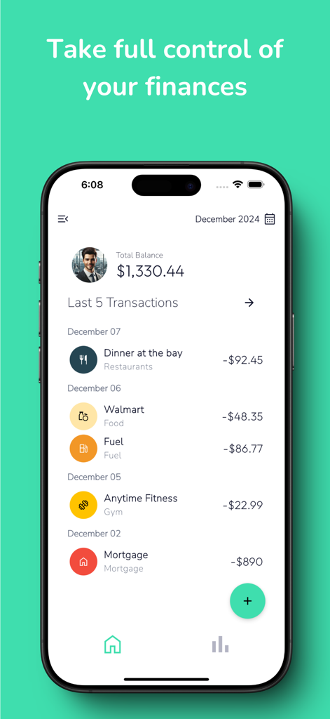 My Money - Track your expenses - Pantalla de smartphone que muestra el panel de la aplicación Mi Dinero con un saldo total y una lista de gastos recientes que incluyen categorías como restaurantes y comida.