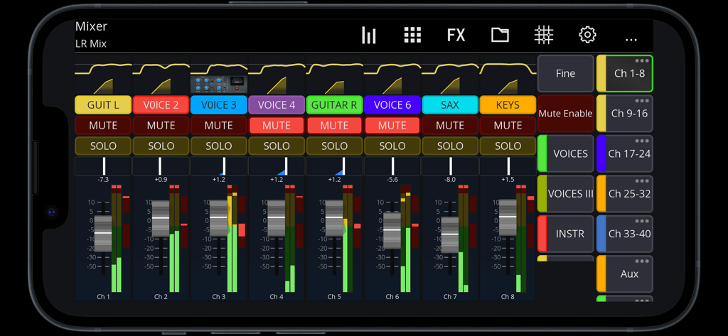 Digital mixer interface with faders and channel controls in the Mixing Station app