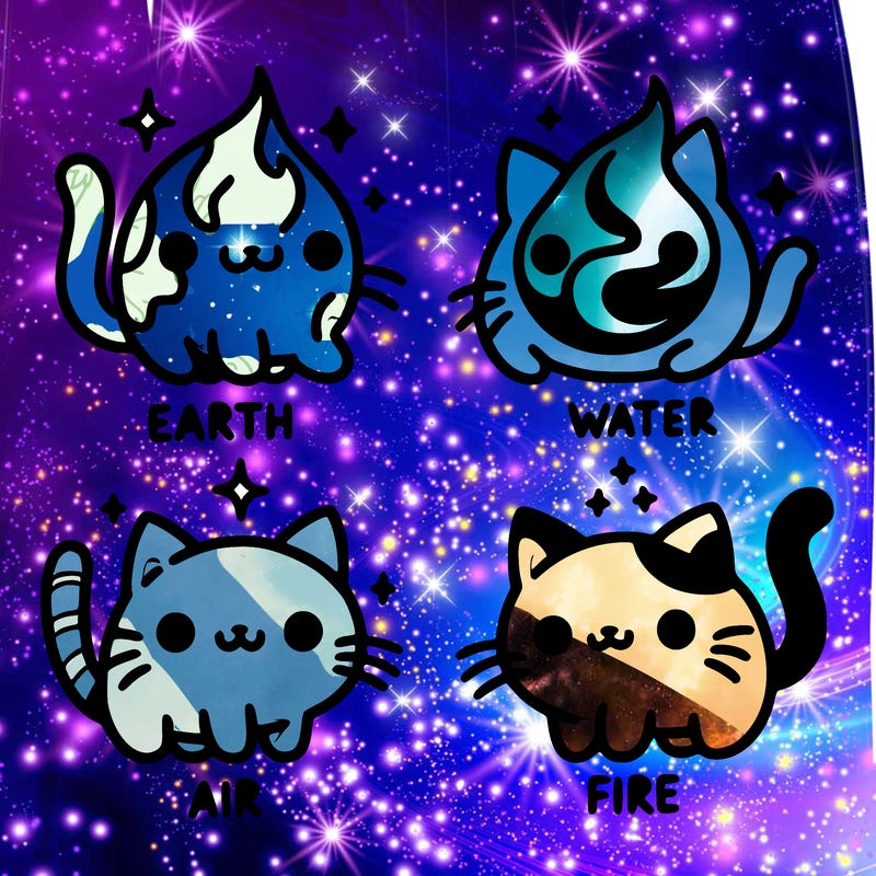 4 cats that represent the different elements, earth, water, air, and fire