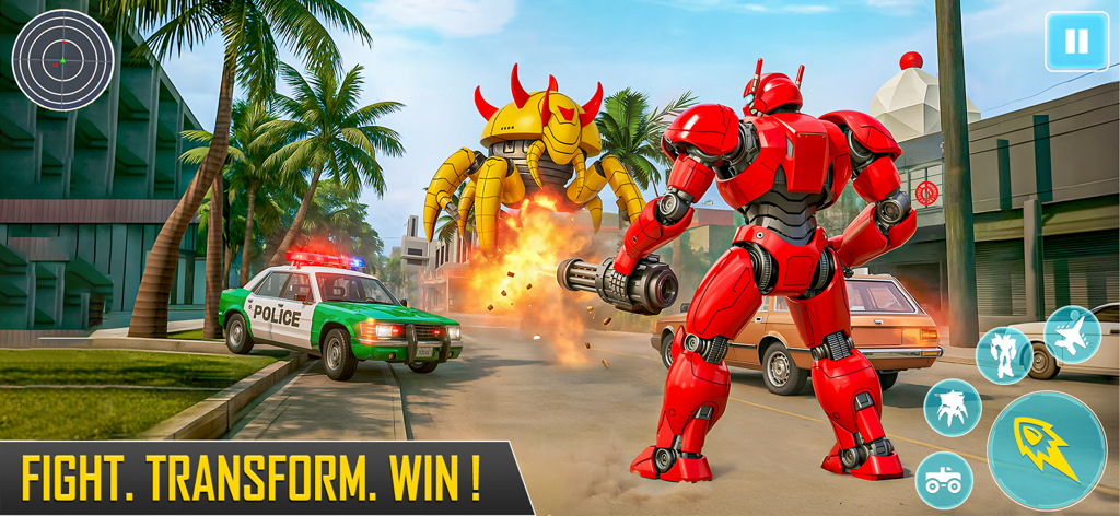 A red robot shooting a large yellow mechanical spider in a city street