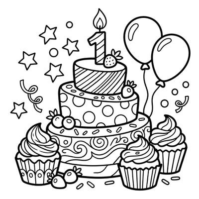 Get ready to celebrate a special first birthday with this adorable coloring page! Featuring a festive cake, sweet cupcakes, and playful balloons, it's perfect for little ones to enjoy.