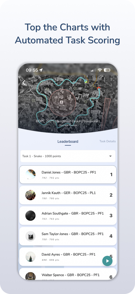 Gaggle Paragliding, Ultralight - A leaderboard in the Gaggle app showing pilot rankings and automated task scoring for paragliding navigation.
