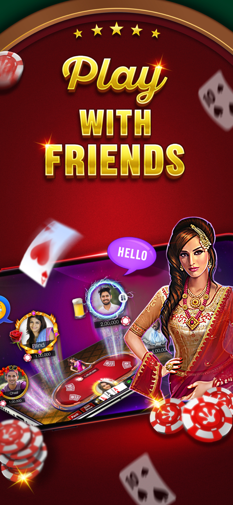 Teen Patti Gold card game app interface with traditional Indian woman and social play features