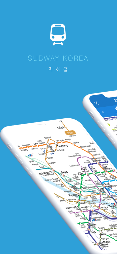 Subway Korea app interface showing a detailed subway map of Seoul on a smartphone