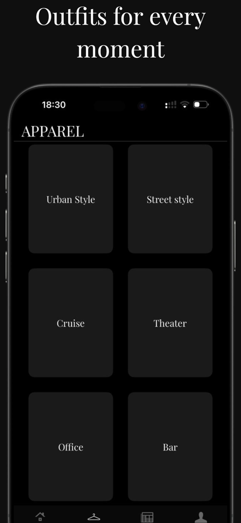 ApparelStyle - ApparelStyle App-Oberfläche, die Outfit-Kategorien für verschiedene Anlässe wie Urban Style Büro und Theater zeigt