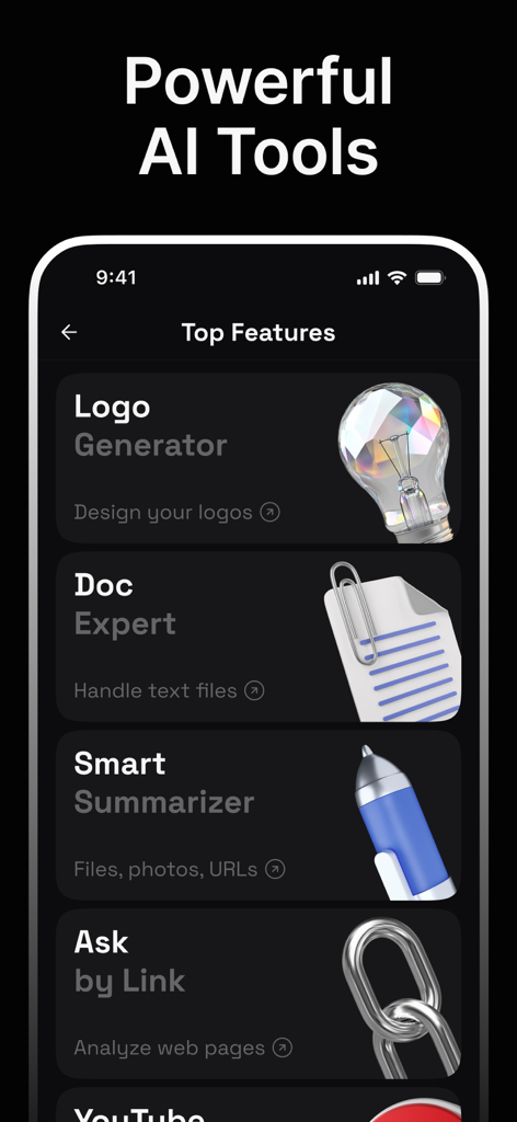 DeepChat - AI Chat Assistant - Interface de l'application mobile DeepChat montrant divers outils IA comme le générateur de logos et l'expert en documents