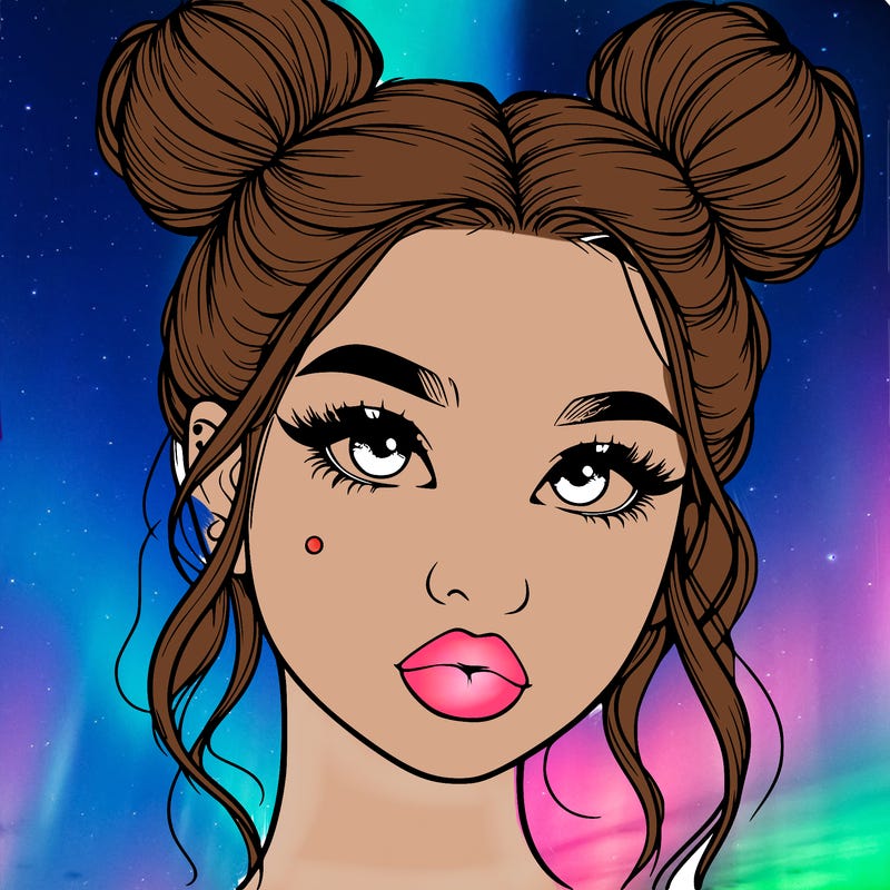 realistic girl with two buns on her hair and lips