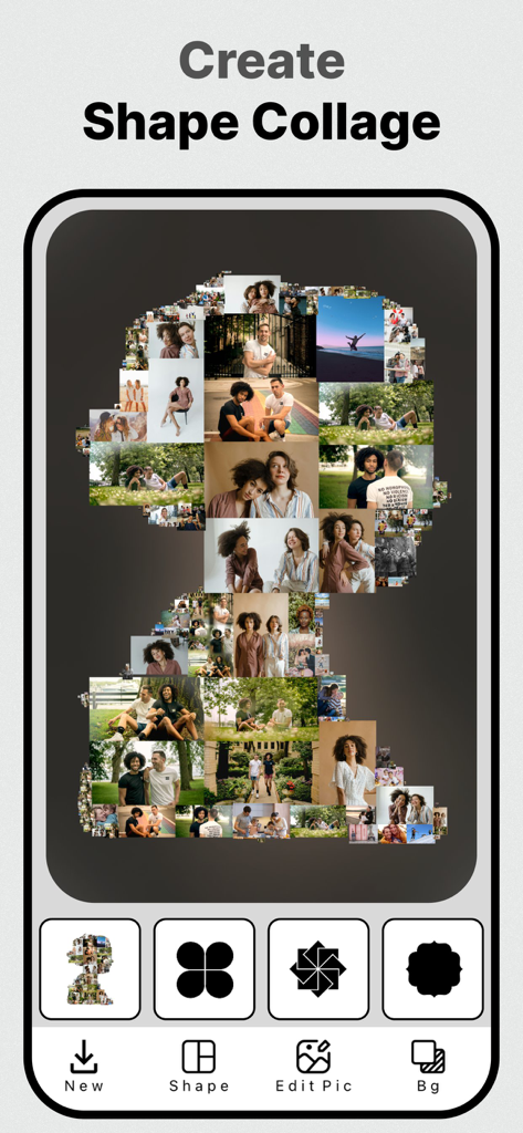 Photo Blend app interface showing a shape collage feature with multiple photos forming a silhouette