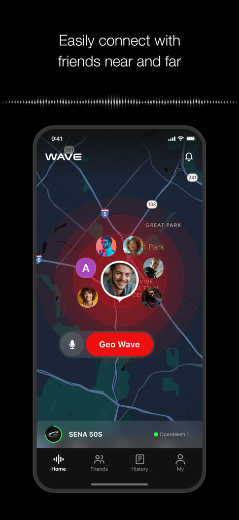 Interface de carte de l'application WAVE Intercom montrant les localisations en direct des amis dans une zone Geo Wave.